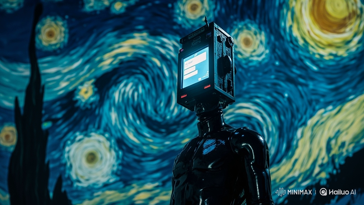 Abstract digital art background with a screen-headed figure